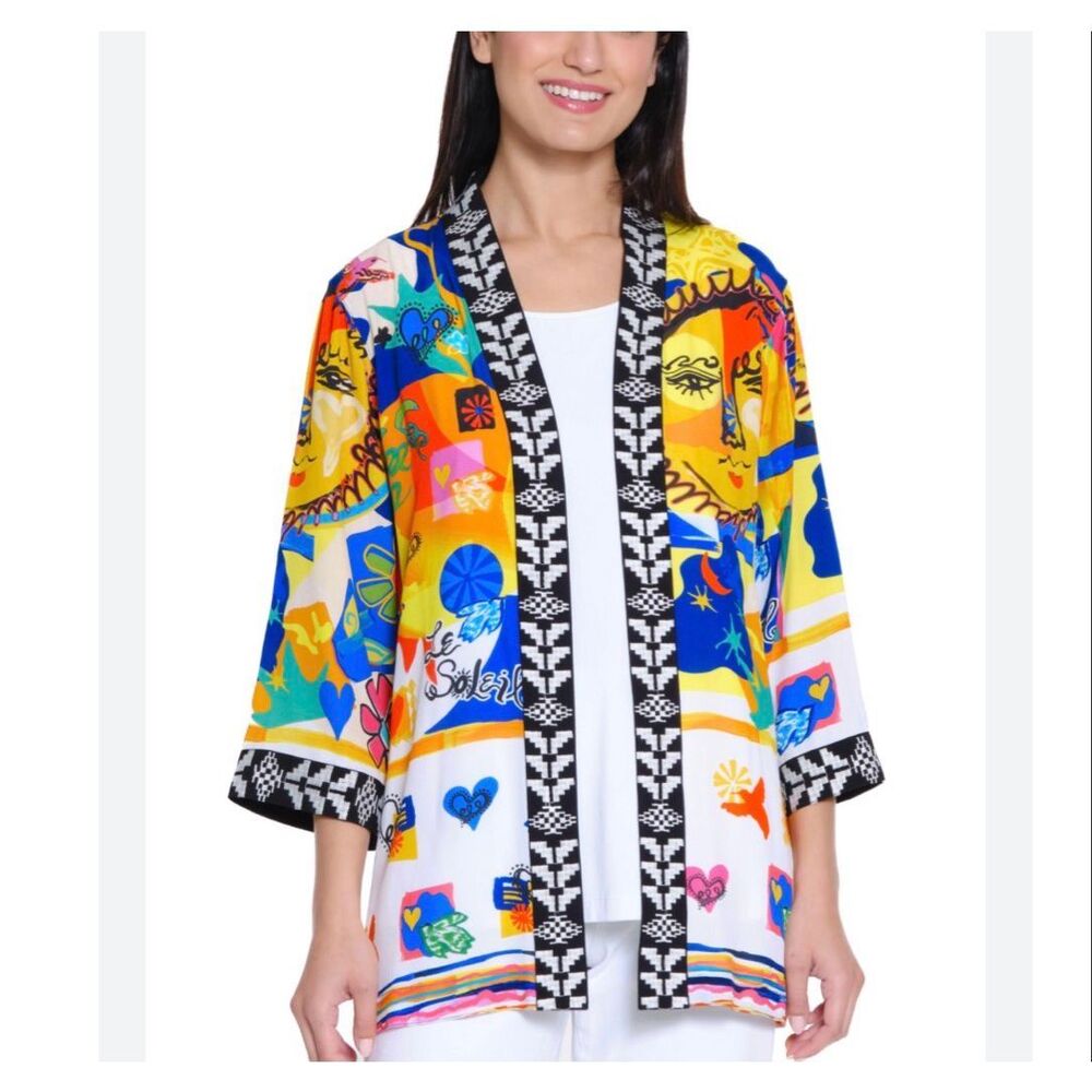 John Mark Kimono Top Womens XS Sun heart Pattern floral jacket 3/4 Embroidered